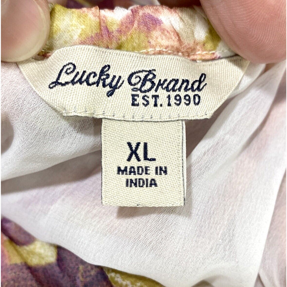 Lucky Brand Top XL Sheer Floral 3/4 Sleeve Peach Purple Peasant Blouse Ruffles - Picture 9 of 10